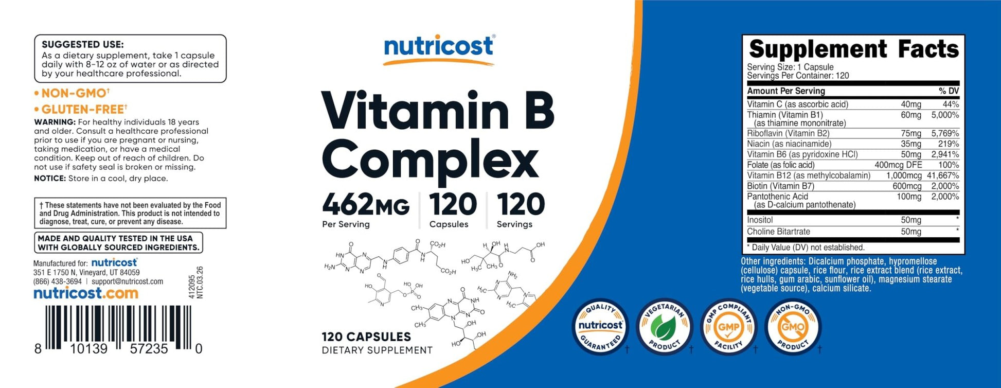 Nutricost High Potency Vitamin B Complex 462mg, 120 Capsules - with Vitamin C - Energy Complex - PrimeBioHealth - canada supplements