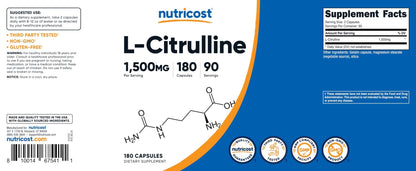 Nutricost L-Citrulline 1500mg, 180 Capsules - 750mg Per Capsule, Gluten Free, Non-GMO, Packaging May Vary - PrimeBioHealth - canada supplements