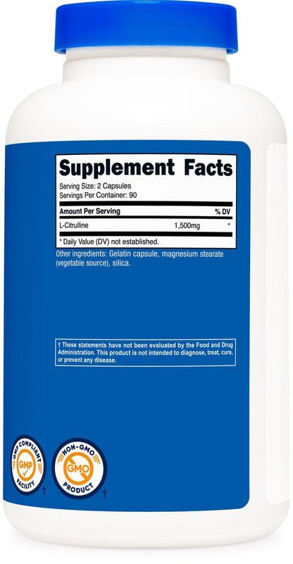 Nutricost L-Citrulline 1500mg, 180 Capsules - 750mg Per Capsule, Gluten Free, Non-GMO, Packaging May Vary - PrimeBioHealth - canada supplements