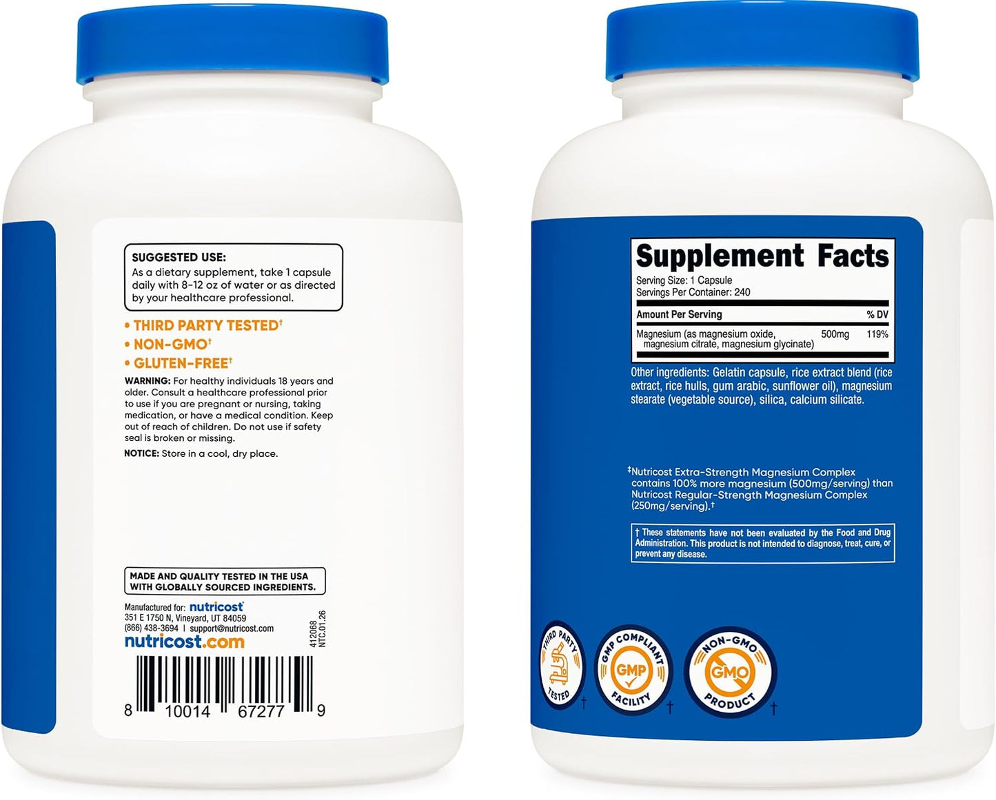Nutricost Magnesium Complex Extra Strength 500mg, 240 Capsules, Gluten Free | Magnesium Oxide, Citrate, and Glycinate, GMO-Free - PrimeBioHealth - canada supplements