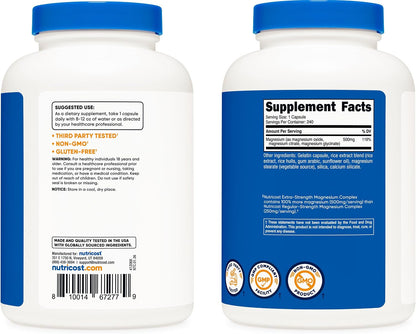 Nutricost Magnesium Complex Extra Strength 500mg, 240 Capsules, Gluten Free | Magnesium Oxide, Citrate, and Glycinate, GMO-Free - PrimeBioHealth - canada supplements
