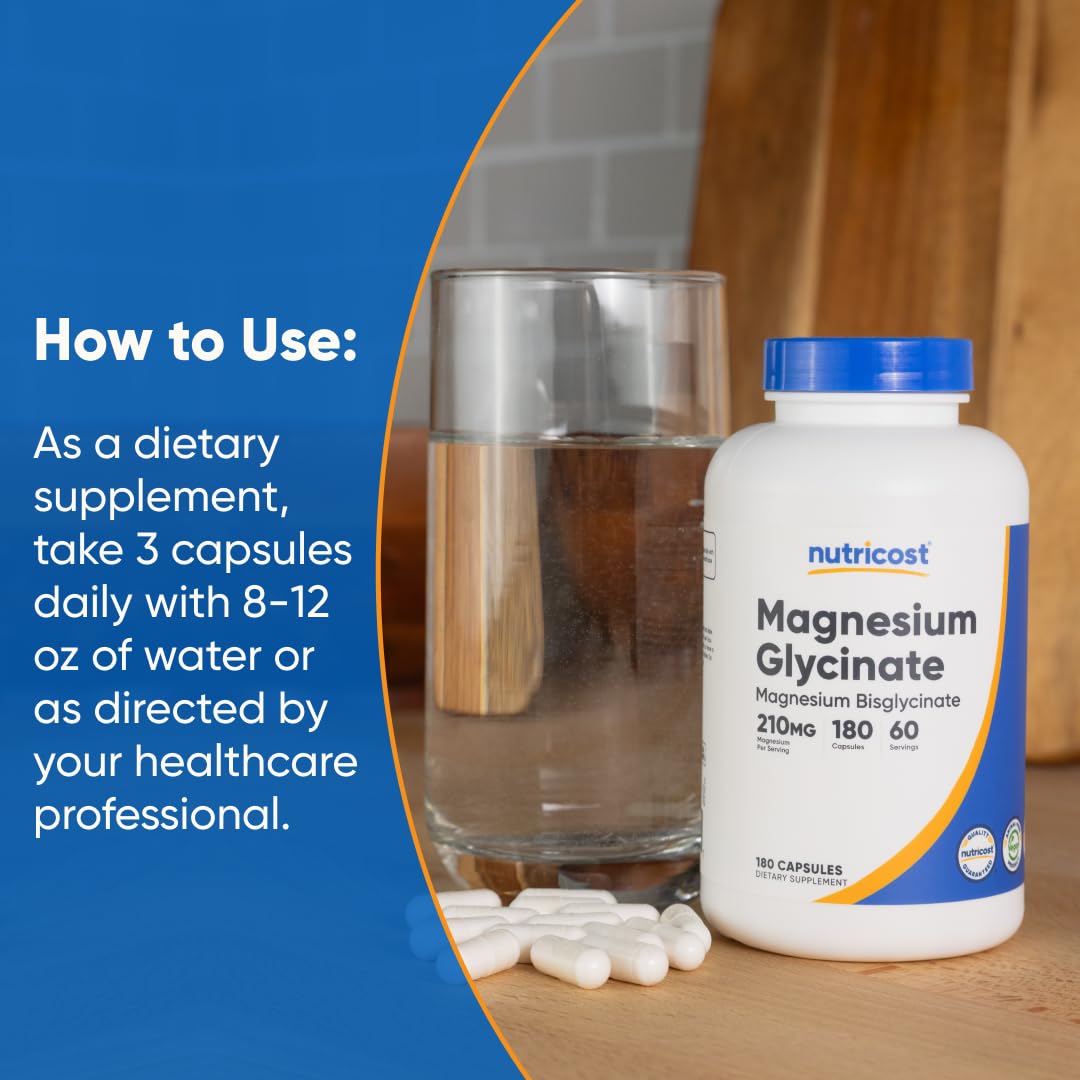 Nutricost Magnesium Glycinate Capsules, 180 Capsules, 210mg | Gentle Absorption, Magnesium Glycinate Supplement - PrimeBioHealth - canada supplements