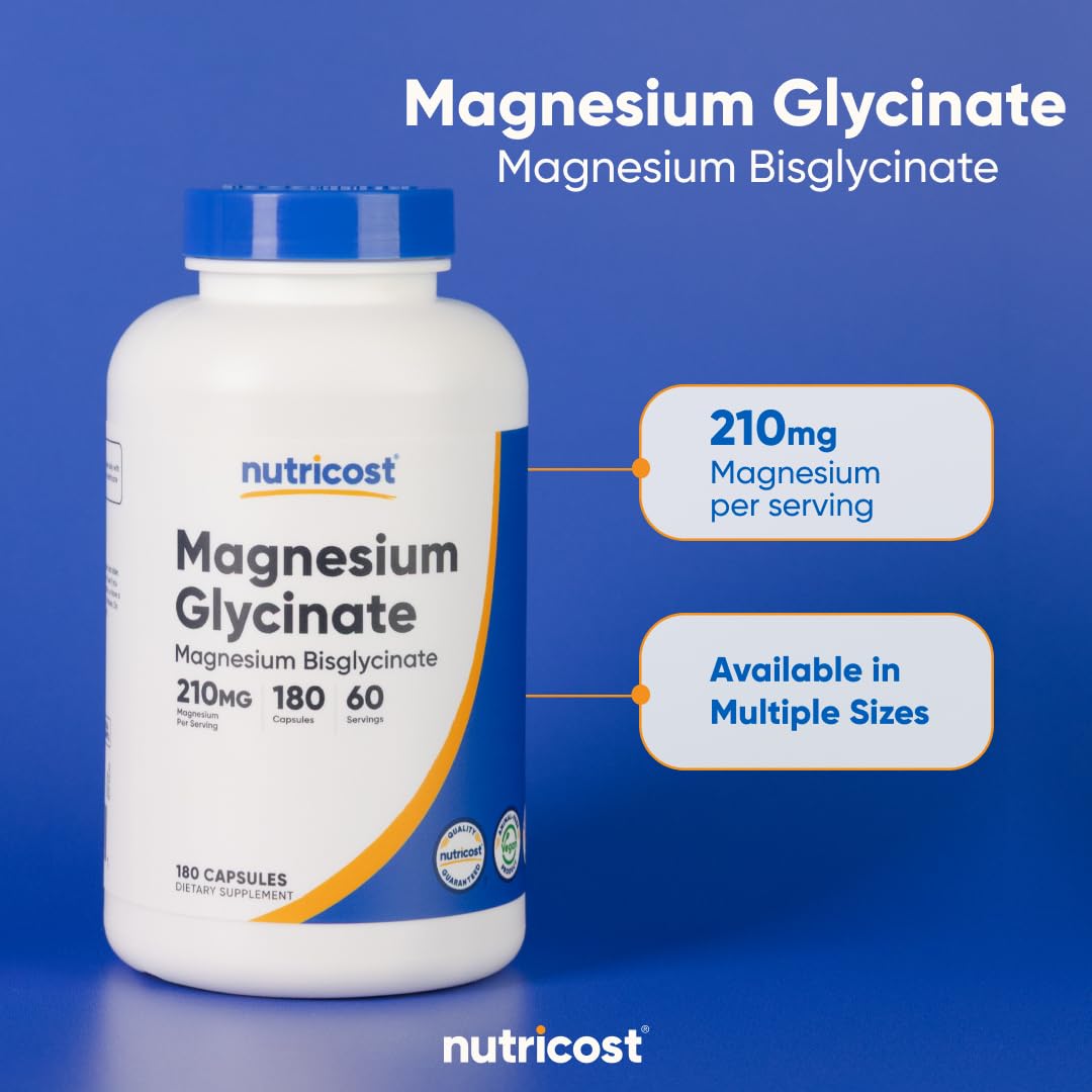 Nutricost Magnesium Glycinate Capsules, 180 Capsules, 210mg | Gentle Absorption, Magnesium Glycinate Supplement - PrimeBioHealth - canada supplements
