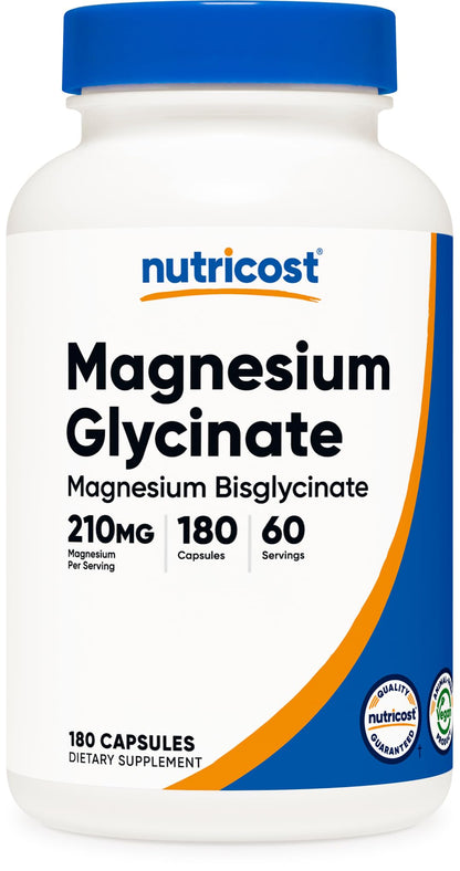 Nutricost Magnesium Glycinate Capsules, 180 Capsules, 210mg | Gentle Absorption, Magnesium Glycinate Supplement - PrimeBioHealth - canada supplements