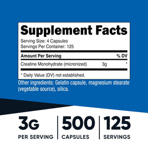 Nutricost Micronized Creatine Monohydrate 3,000mg 500 Capsules, 125 Servings, 750mg of Creatine Monohydrate Per Capsule - PrimeBioHealth - canada supplements