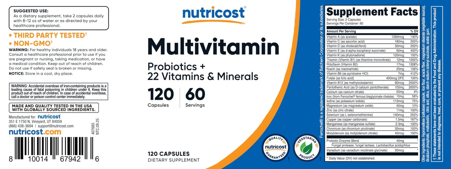 Nutricost Multivitamin with Probiotics 120 Vegetarian Capsules - Packed with Vitamins & Minerals - PrimeBioHealth - canada supplements