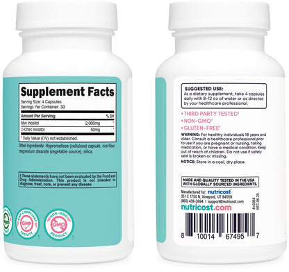 Nutricost Myo Inositol & D-Chiro Inositol for Women 2000mg, 120 Capsules, 2000mg Myo & 50mg D-Chiro Per Serving, 30 Servings - PrimeBioHealth - canada supplements