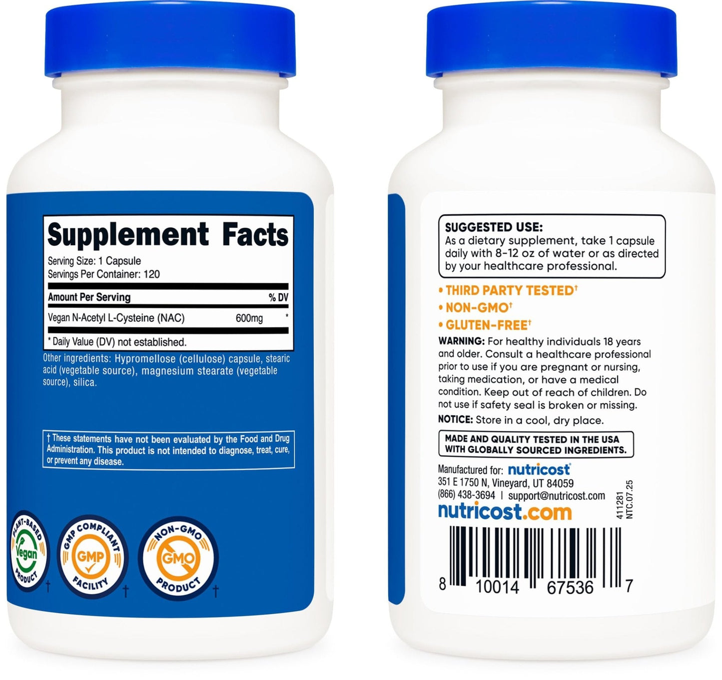 Nutricost N-Acetyl L-Cysteine (NAC) 600mg, 180 Capsules | GMO-Free And Gluten Free - PrimeBioHealth - canada supplements