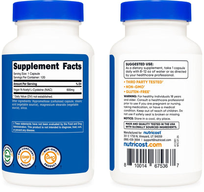 Nutricost N-Acetyl L-Cysteine (NAC) 600mg, 180 Capsules | GMO-Free And Gluten Free - PrimeBioHealth - canada supplements