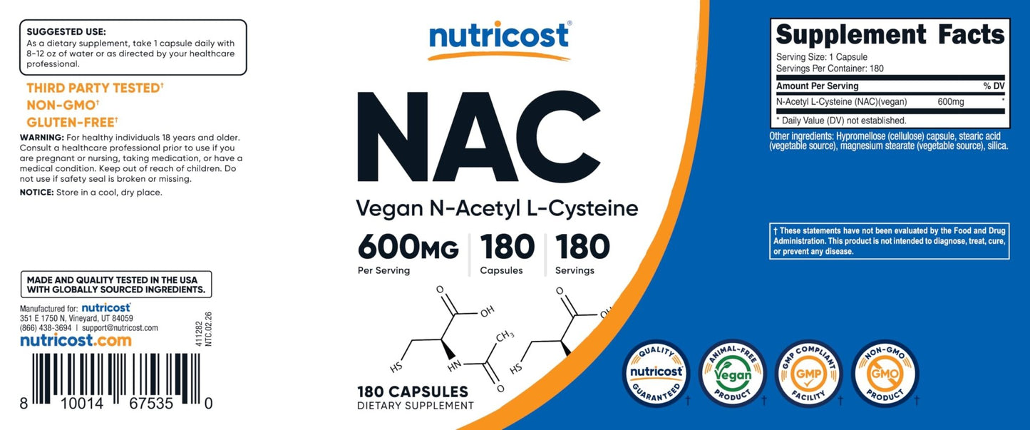 Nutricost N-Acetyl L-Cysteine (NAC) 600mg, 180 Capsules | GMO-Free And Gluten Free - PrimeBioHealth - canada supplements