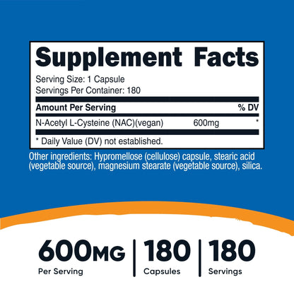 Nutricost N-Acetyl L-Cysteine (NAC) 600mg, 180 Capsules | GMO-Free And Gluten Free - PrimeBioHealth - canada supplements