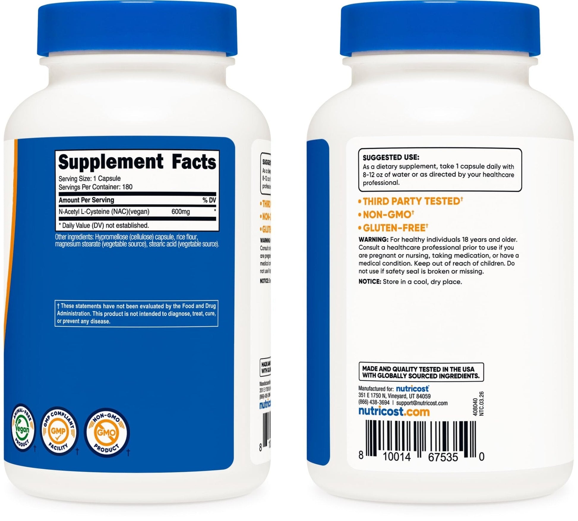 Nutricost N-Acetyl L-Cysteine (NAC) 600mg, 180 Capsules - Non-GMO, Gluten Free - PrimeBioHealth - canada supplements
