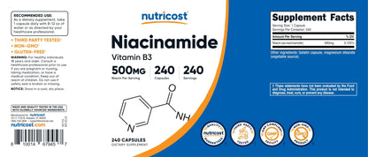 Nutricost Niacinamide (Vitamin B3) 500mg, 240 Capsules - Non-GMO, Gluten Free, Flush Free Vitamin B3 - PrimeBioHealth - canada supplements