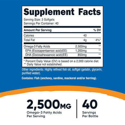 Nutricost Omega 3 Fish Oil - 2500MG, 120 Softgels (40 Serv) - Fish Oil, Wild Caught! 1200mg EPA 850mg DHA - PrimeBioHealth - canada supplements