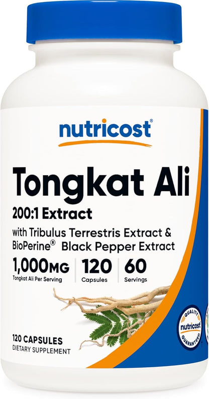 Nutricost Tongkat Ali 1,000mg 120 Capsules, Gluten Free, GMO-Free | With Tribulus Terrestris and BioPerine, Vegetarian Caps, Potent Extract - PrimeBioHealth - canada supplements