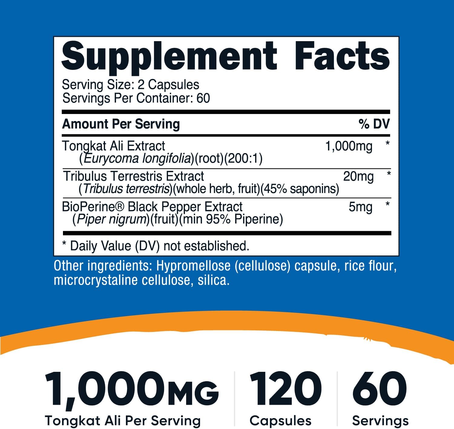Nutricost Tongkat Ali 1,000mg 120 Capsules, Gluten Free, GMO-Free | With Tribulus Terrestris and BioPerine, Vegetarian Caps, Potent Extract - PrimeBioHealth - canada supplements