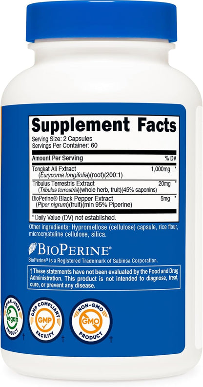 Nutricost Tongkat Ali 1,000mg 120 Capsules, Gluten Free, GMO-Free | With Tribulus Terrestris and BioPerine, Vegetarian Caps, Potent Extract - PrimeBioHealth - canada supplements