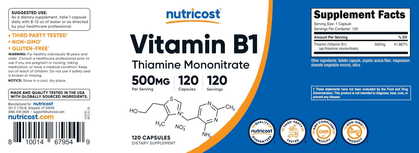 Nutricost Vitamin B1 (Thiamine) 500mg, 120 Capsules - PrimeBioHealth - canada supplements