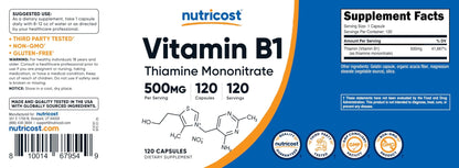 Nutricost Vitamin B1 (Thiamine) 500mg, 120 Capsules - PrimeBioHealth - canada supplements
