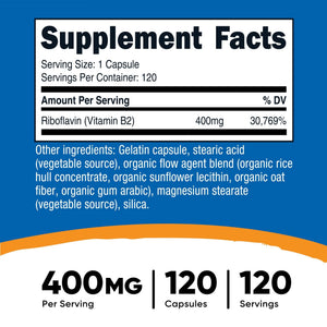 Nutricost Vitamin B2 (Riboflavin) 400mg, 120 Capsules - Gluten Free, Non-GMO - PrimeBioHealth - canada supplements