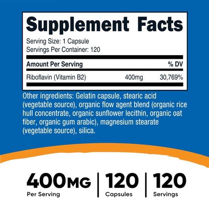 Nutricost Vitamin B2 (Riboflavin) 400mg, 120 Capsules - Gluten Free, Non-GMO - PrimeBioHealth - canada supplements