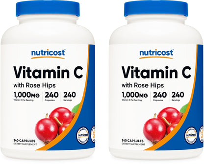 Nutricost Vitamin C with Rose Hips 1025mg, 240 Capsules, Gluten Free | Vitamin C 1,000mg, Rose Hips 25mg, GMO-Free - PrimeBioHealth - canada supplements