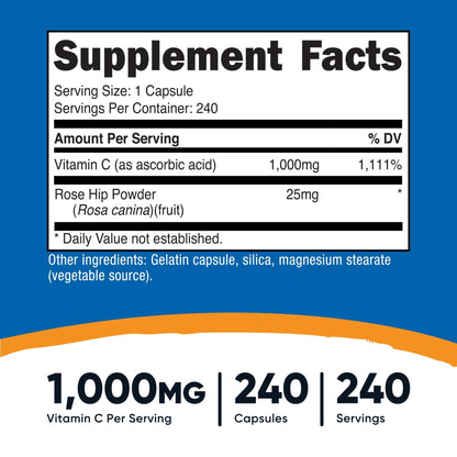 Nutricost Vitamin C with Rose Hips 1025mg, 240 Capsules, Gluten Free | Vitamin C 1,000mg, Rose Hips 25mg, GMO-Free - PrimeBioHealth - canada supplements