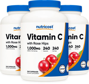 Nutricost Vitamin C with Rose Hips 1025mg, 240 Capsules, Gluten Free | Vitamin C 1,000mg, Rose Hips 25mg, GMO-Free - PrimeBioHealth - canada supplements