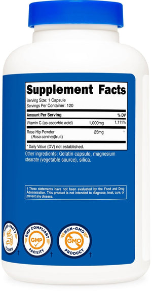 Nutricost Vitamin C with Rose Hips 1025mg, 240 Capsules, Gluten Free | Vitamin C 1,000mg, Rose Hips 25mg, GMO-Free - PrimeBioHealth - canada supplements