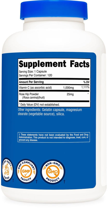 Nutricost Vitamin C with Rose Hips 1025mg, 240 Capsules, Gluten Free | Vitamin C 1,000mg, Rose Hips 25mg, GMO-Free - PrimeBioHealth - canada supplements