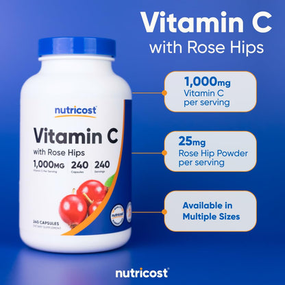 Nutricost Vitamin C with Rose Hips 1025mg, 240 Capsules - Vitamin C 1,000mg, Rose Hips 25mg, Premium - PrimeBioHealth - canada supplements