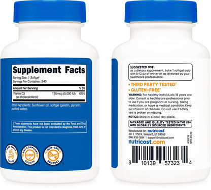 Nutricost Vitamin D3 5,000 IU (125mcg), 240 Softgels, GMO-Free | Gluten Free Vitamin D - PrimeBioHealth - canada supplements