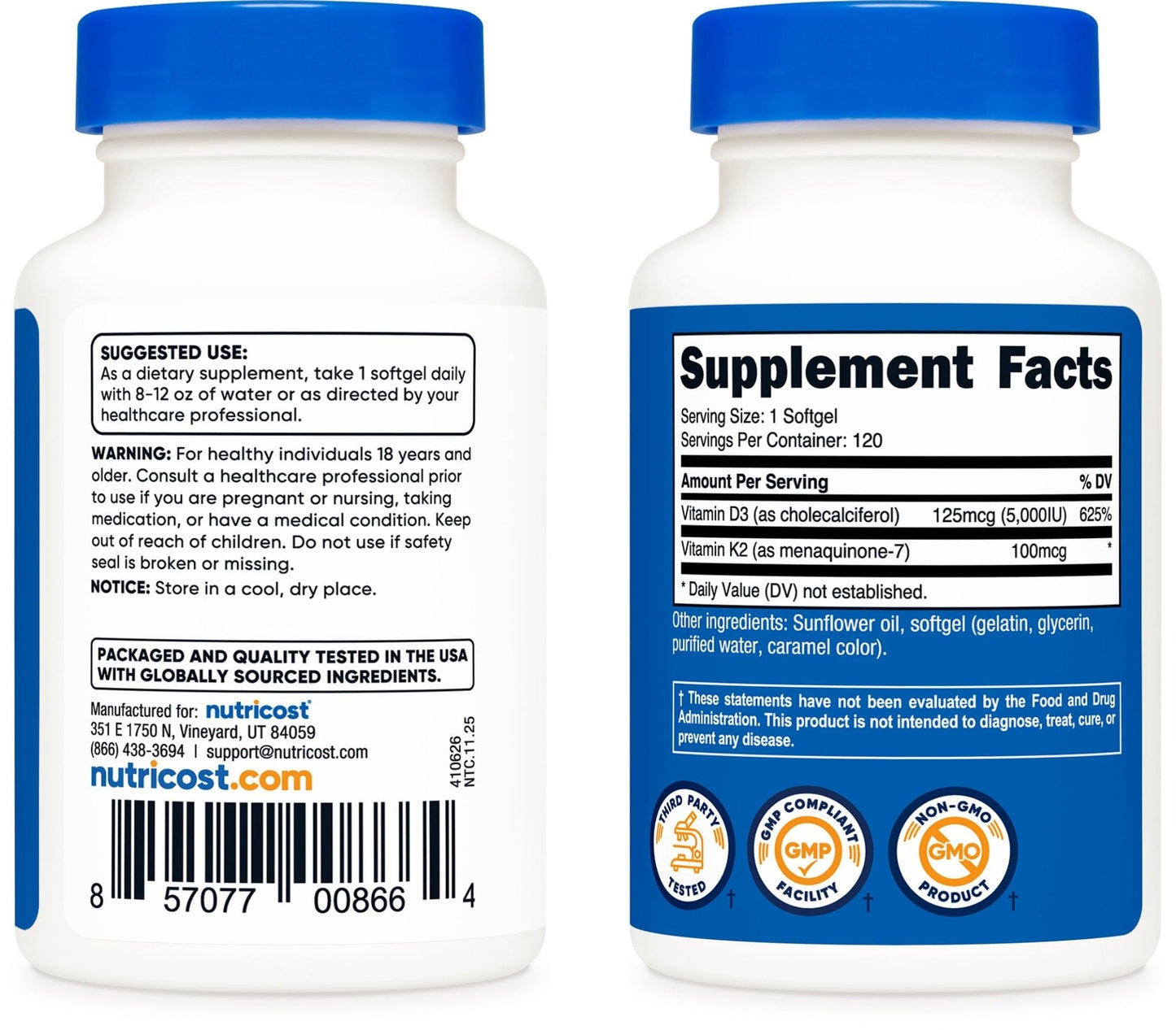 Nutricost Vitamin D3 + K2 (5000 IU D3 / 100mcg MK7), 120 Softgels – Gluten-Free & Non-GMO - PrimeBioHealth - canada supplements