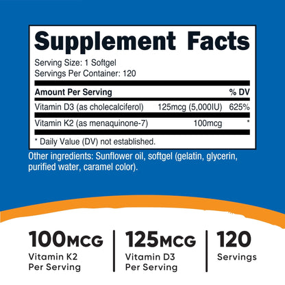 Nutricost Vitamin D3 + K2 (5000 IU D3 / 100mcg MK7), 120 Softgels – Gluten-Free & Non-GMO - PrimeBioHealth - canada supplements
