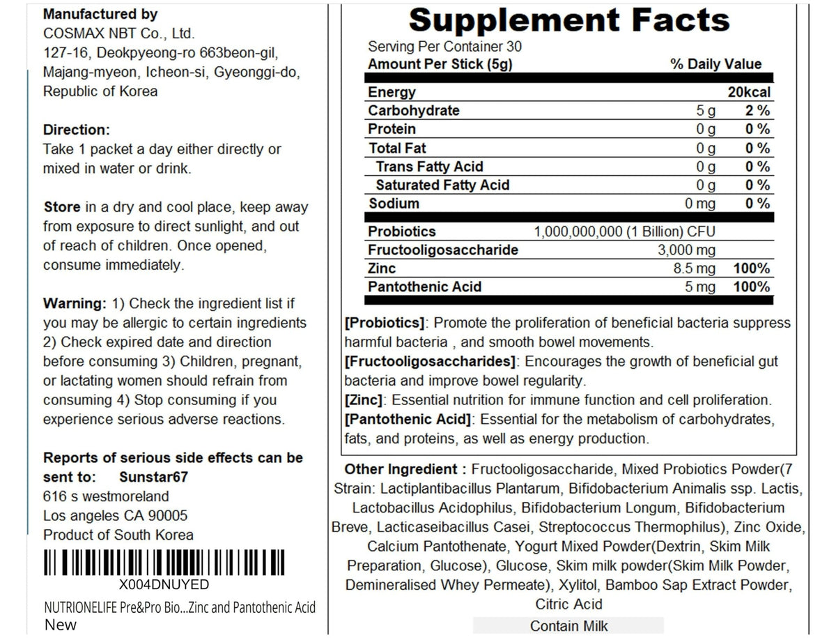 NUTRIONELIFE Pre&Pro Biotics, 1Billion CFU, Powder Type Korea Probiotics, Multi-Strain Probiotic Blend, Supports Digestive Wellness, - PrimeBioHealth - canada supplements