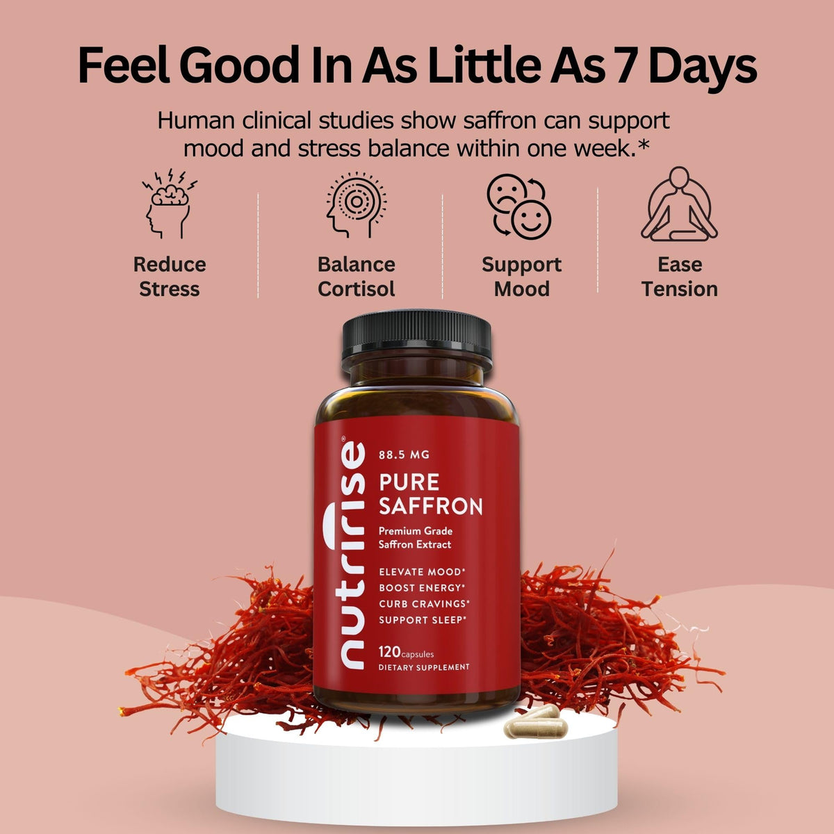 NutriRise Saffron Supplements 120 Capsules, 88.5mg Pure Extract - 4 Month Supply for Mood, Energy, Sleep, Stress & Cortisol Support - Non-GMO - PrimeBioHealth - canada supplements