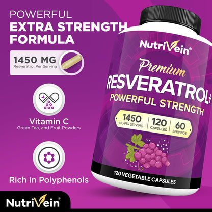 Nutrivein Premium Resveratrol 1450mg - 120 Caps: Pure Trans Resveratrol Supplement Enhanced with Green Tea Leaf & Acai Berry - PrimeBioHealth - canada supplements