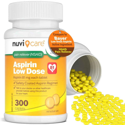 NUVICARE Low Dose Aspirin 81mg for Adults Coated Caplets - Compare to Active Ingredient in Low Dose Bayer Aspirin for Adults - Safety Coated (300 Count)
