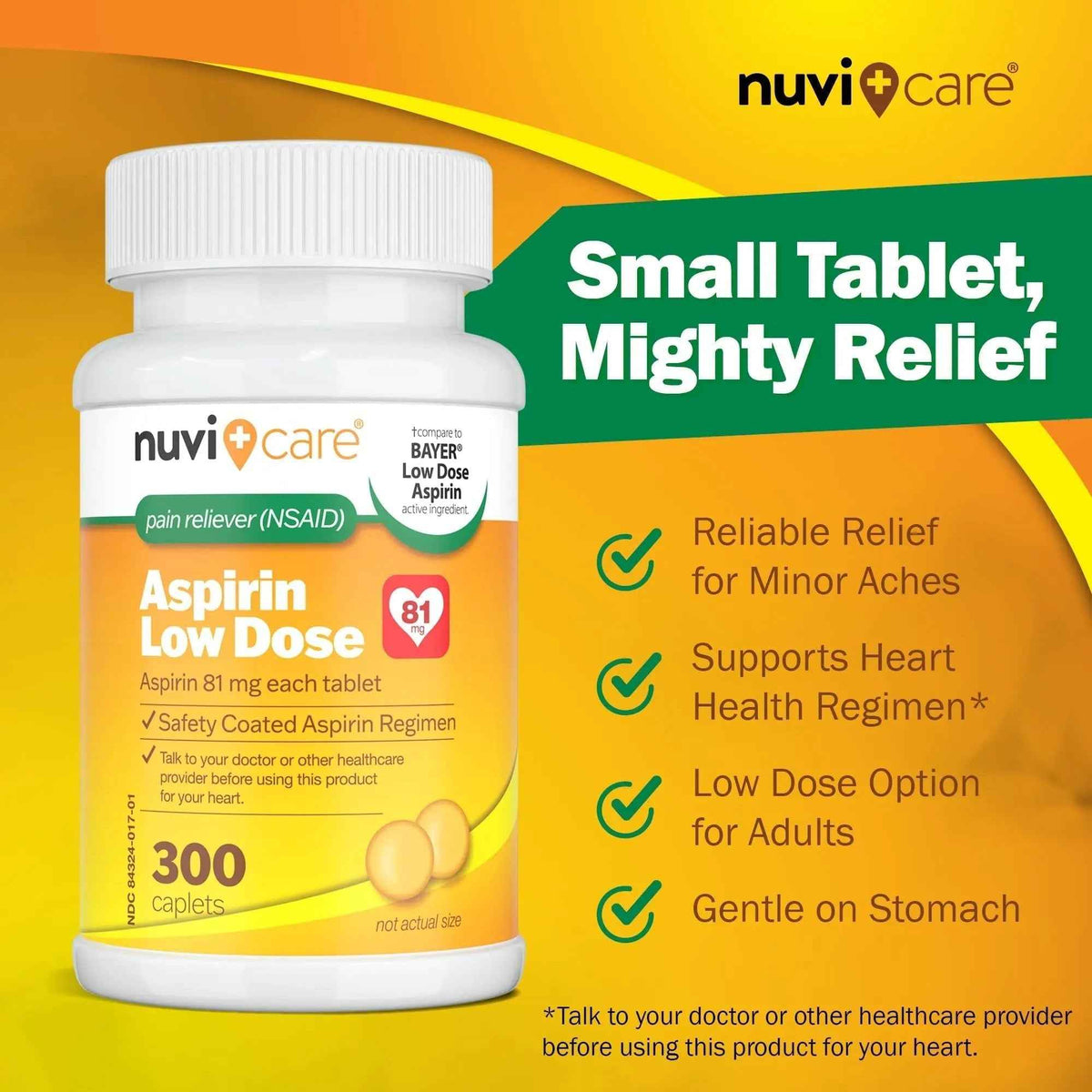 NUVICARE Low Dose Aspirin 81mg for Adults Coated Caplets - Compare to Active Ingredient in Low Dose Bayer Aspirin for Adults - Safety Coated (300 Count)