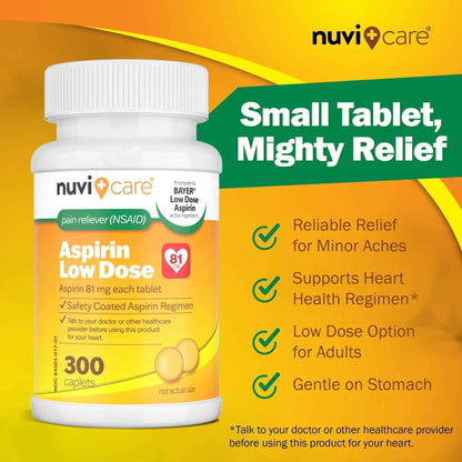 NUVICARE Low Dose Aspirin 81mg for Adults Coated Caplets - Compare to Active Ingredient in Low Dose Bayer Aspirin for Adults - Safety Coated (300 Count)