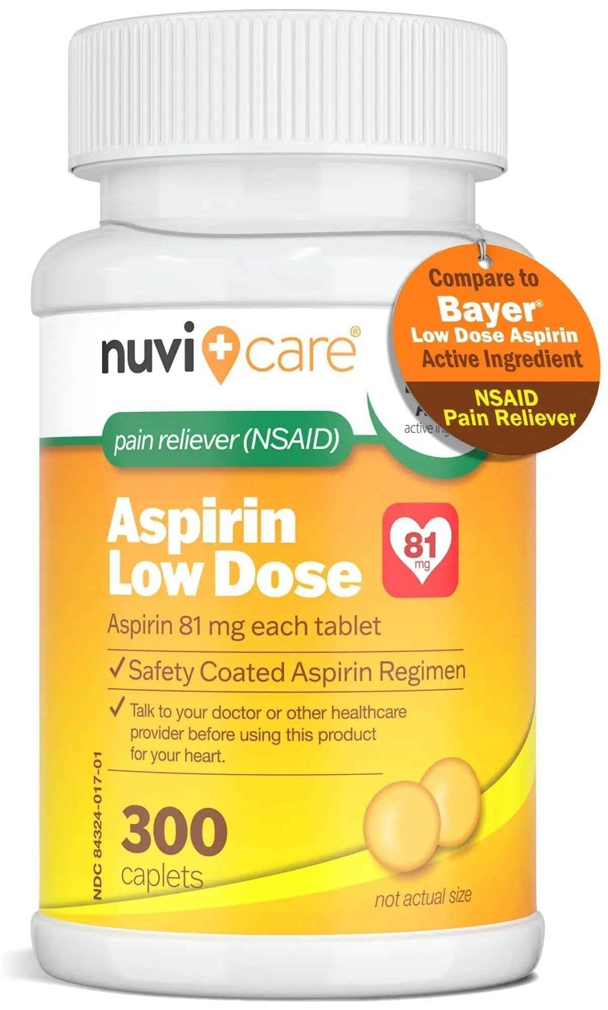 NUVICARE Low Dose Aspirin 81mg for Adults Coated Caplets - Compare to Active Ingredient in Low Dose Bayer Aspirin for Adults - Safety Coated (300 Count)