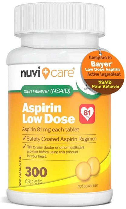 NUVICARE Low Dose Aspirin 81mg for Adults Coated Caplets - Compare to Active Ingredient in Low Dose Bayer Aspirin for Adults - Safety Coated (300 Count)