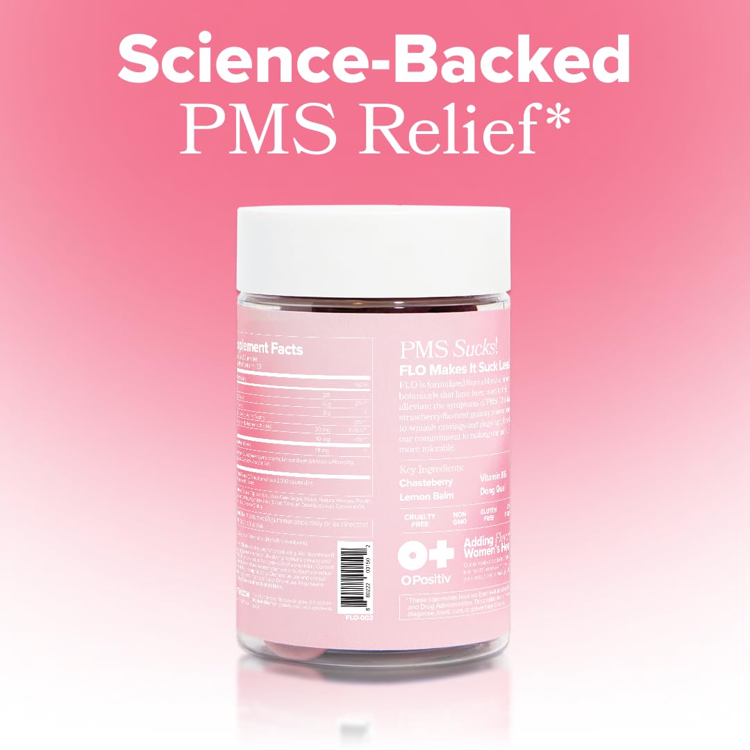 O Positiv FLO PMS Gummies for Women - Proactive PMS Relief - Targets Hormonal Breakouts, Bloating, Cramps, & Mood Swings with Chasteberry - PrimeBioHealth - canada supplements