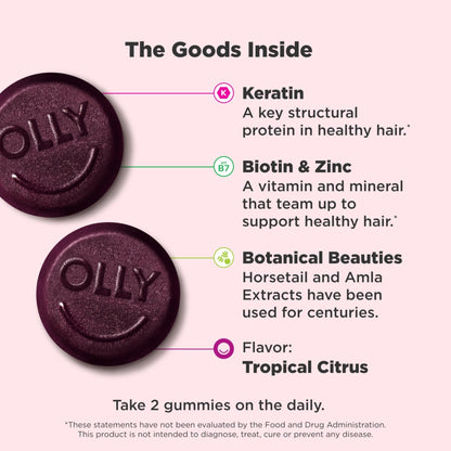 OLLY Heavenly Hair Gummy, Supports Healthy Hair, Keratin, Biotin, AMLA, Chewable Supplement, 30 Day Supply - 60 Count - PrimeBioHealth - canada supplements