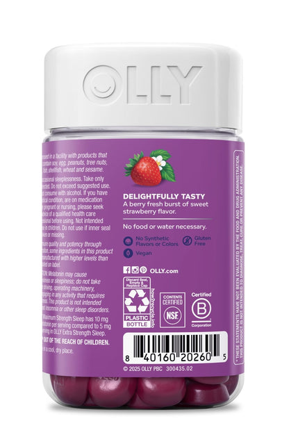 OLLY Max Strength Sleep Gummy, 10mg Melatonin, L-Theanine, Chamomile, Lemon Balm, Sugar Free, Vegetarian Sleep Aid, Strawberry - 70 Count - PrimeBioHealth - canada supplements