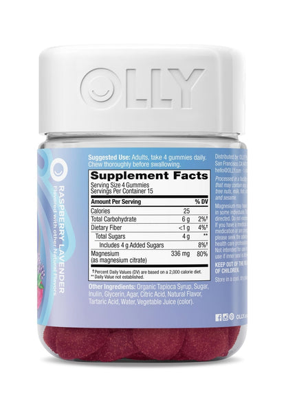 OLLY Relaxing Magnesium Gummies, Supports Muscle Relaxation*, Magnesium Citrate, Raspberry Lavender Flavor, 15 Day Supply - 60 Count - PrimeBioHealth - canada supplements