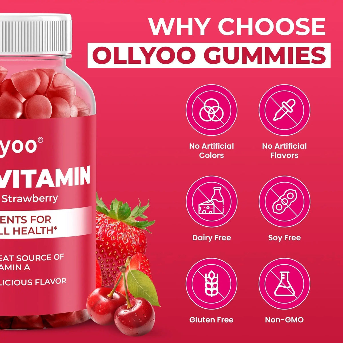 Ollyoo Multivitamin Gummies for Adults | Cherry & Strawberry Flavor | Great Source of Vitamin A & Essential Nutrients | - PrimeBioHealth - canada supplements