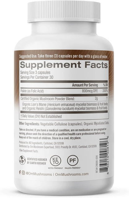 OM MUSHROOM SUPERFOOD Brain Fuel Mushroom Powder Capsules Superfood Supplement, 90 Count, 30 Days, Lion's Mane, Reishi Blend Plus Folate, Mental Clarity, Mushroom Supplement - PrimeBioHealth - canada supplements