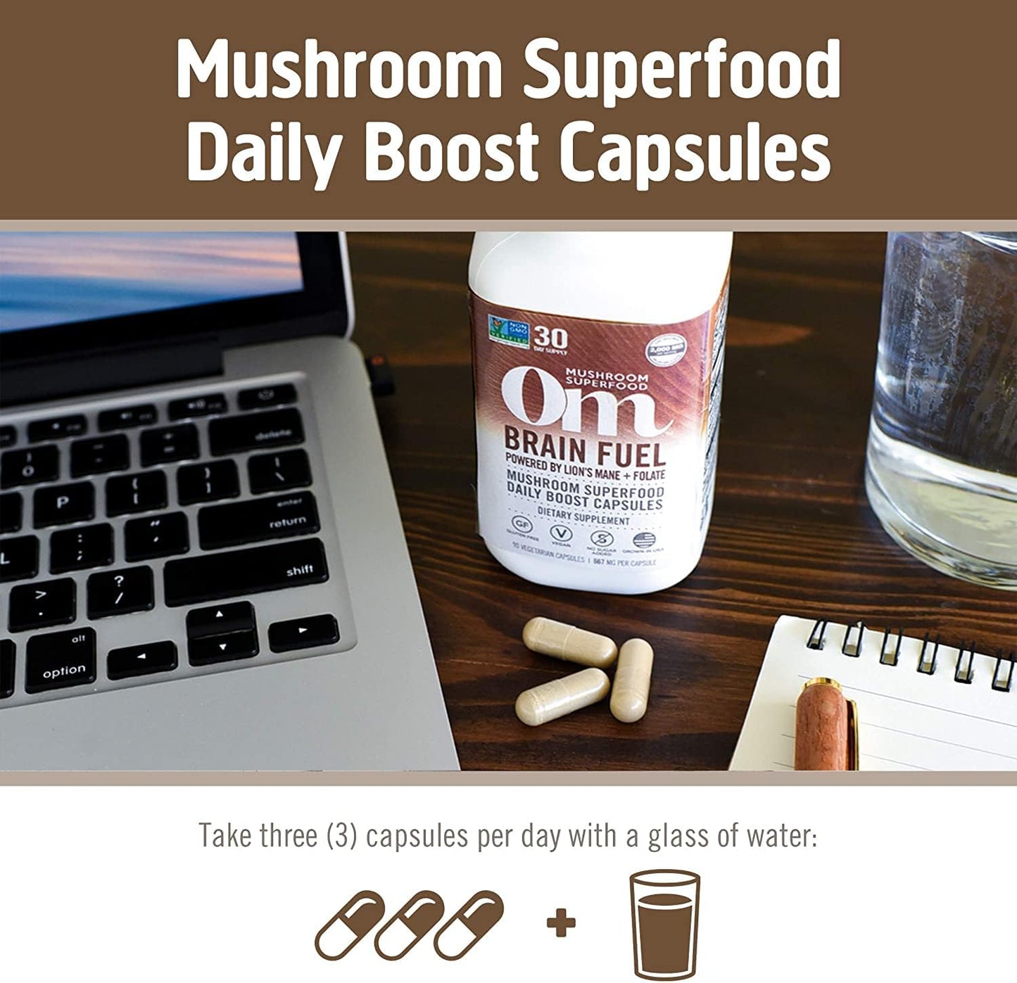 OM MUSHROOM SUPERFOOD Brain Fuel Mushroom Powder Capsules Superfood Supplement, 90 Count, 30 Days, Lion's Mane, Reishi Blend Plus Folate, Mental Clarity, Mushroom Supplement - PrimeBioHealth - canada supplements