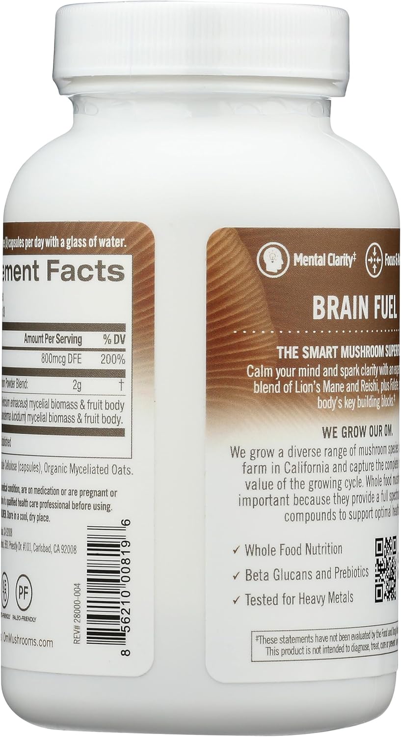 OM MUSHROOM SUPERFOOD Brain Fuel Mushroom Powder Capsules Superfood Supplement, 90 Count, 30 Days, Lion's Mane, Reishi Blend Plus Folate, Mental Clarity, Mushroom Supplement - PrimeBioHealth - canada supplements